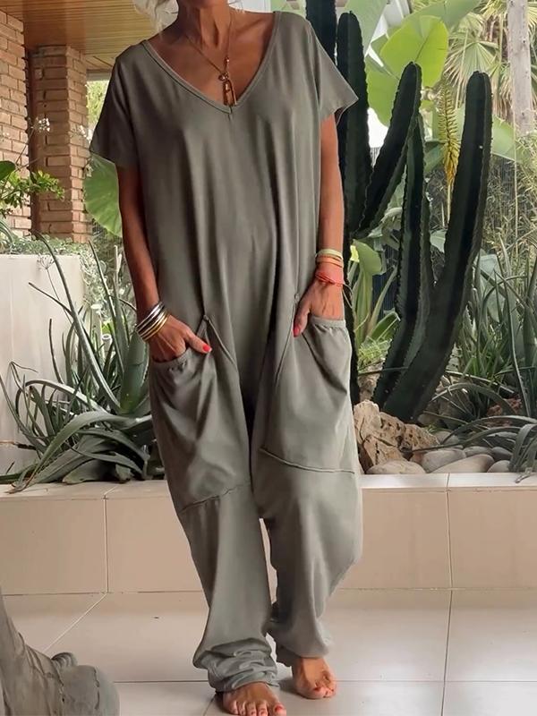 đ„Köp 2 och fĂ„ fri fraktđ„Avslappnad V-ringad enfĂ€rgad jumpsuit