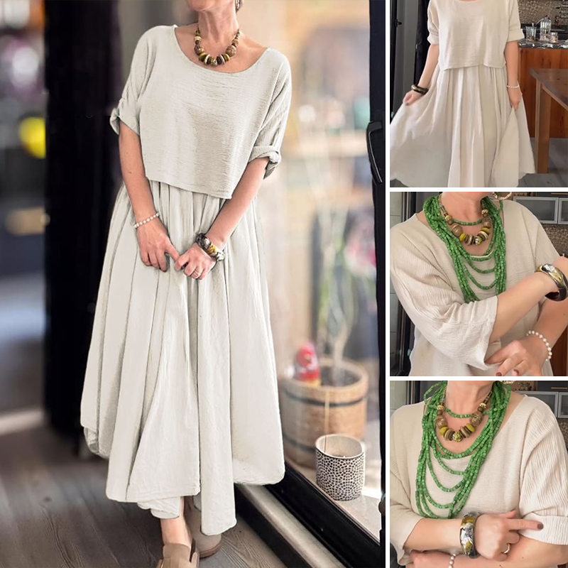 đâšBekvĂ€mt och elegant tvĂ„delat set med blus med rund hals och kjol i bomull och linne för kvinnor
