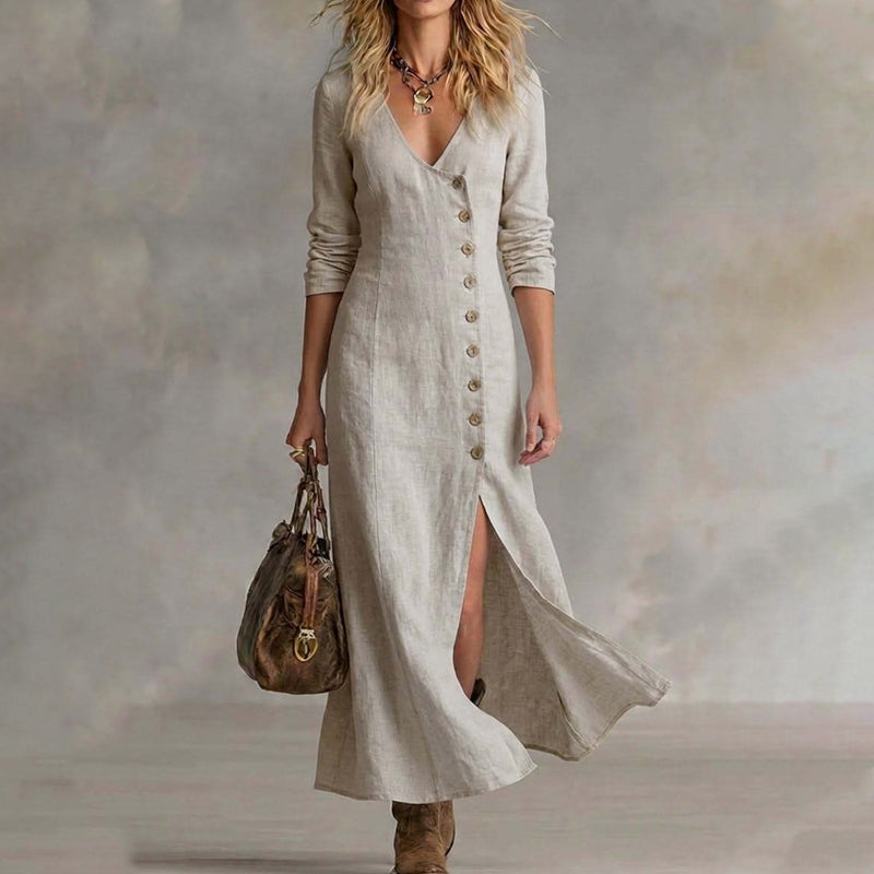 Women's Long Sleeve V-Neck Button-Down Maxi Dress
