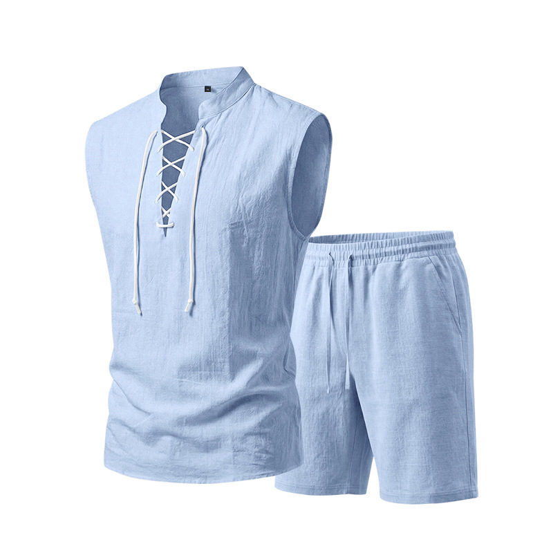 ๐ด 50% OFF NOW!๐ Men's Linen Sleeveless Set โ Top & Shorts with Lace-Up Design โ Summer Essential ๐