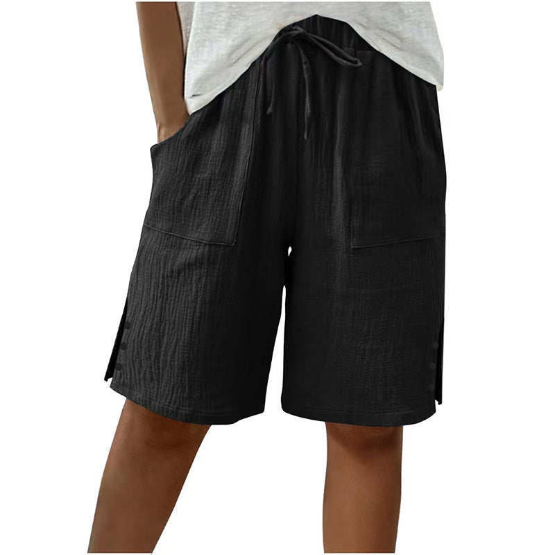 🩳✨ Shorts feminino de verão com cintura ajustável e detalhe elegante de botões laterais