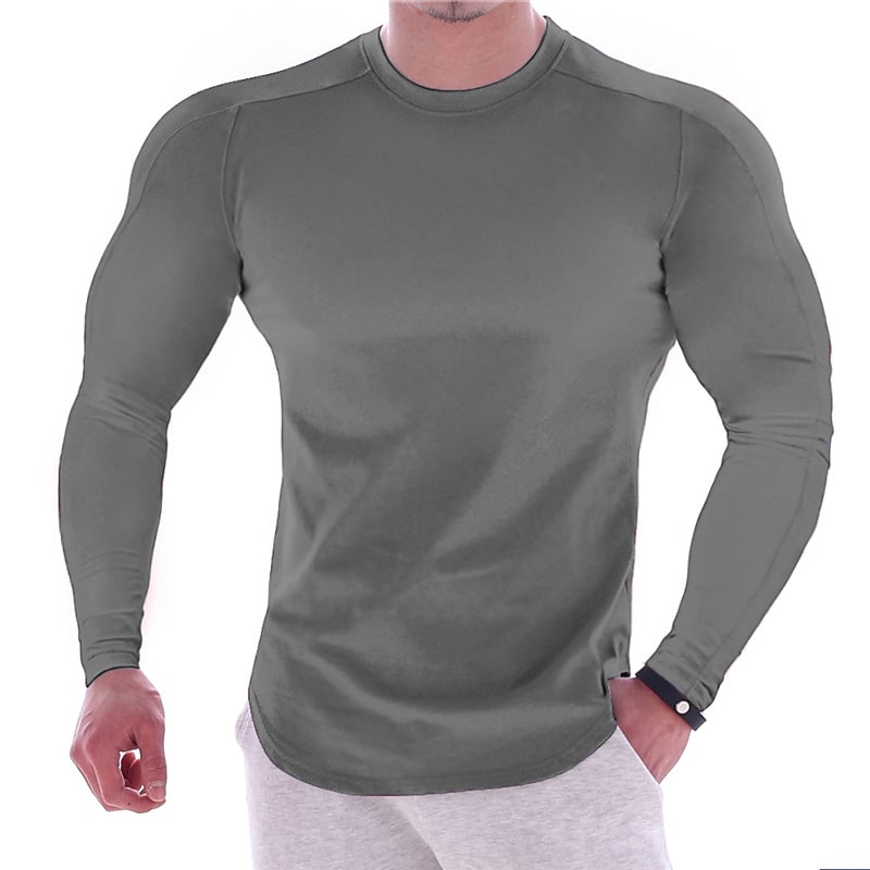 CAMISETA ESPORTIVA DE MANGA LONGA COM CORPO MARCADO, DE COR LISA, PARA HOMEM