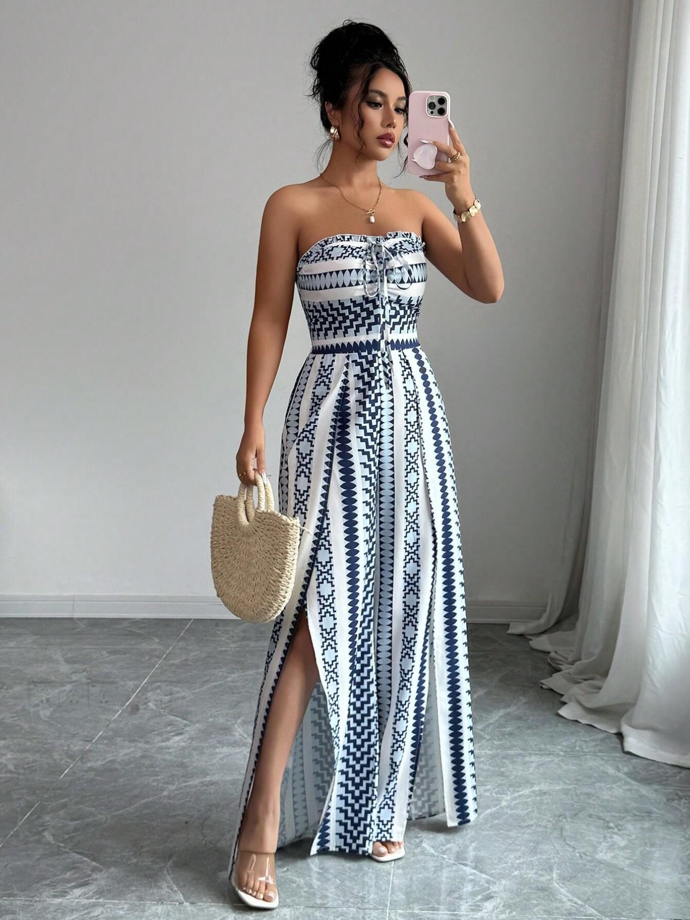 ✨👗 Macacão feminino geométrico com decote halter e fenda lateral – elegante e moderno