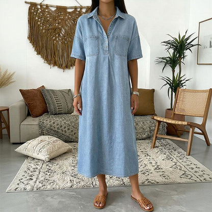 👗 60% הנחה עכשיו! 👖 שמלת חולצה מידי ג'ינס עם כיסים – ג'ינס רך וגזרה נינוחה – כיסים פונקציונליים, מושלמת לקז'ואל יומיומי – נוחה ורב-תכליתית ✨🌸