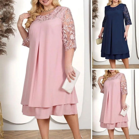 ⏳Women Embroidered Chiffon Splicing Round Neck Dress