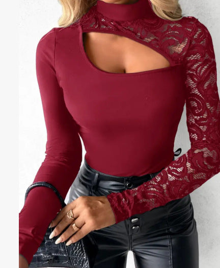 🔥Hot Sale Offers-Women's Asymmetrical Cutout Lace Sleeve Top – Slim Fit, Mock Neck & Romantic Keyhole Back Detail 👗🖤