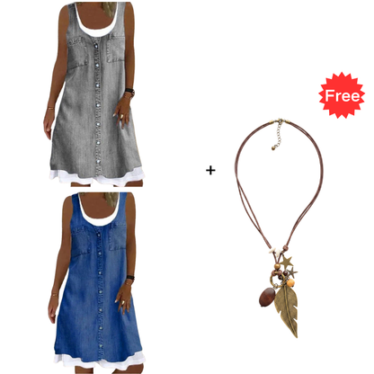 💗👗מבצע ליום האחרון 60% הנחה⚡שמלת שני חלקים עם הדפס ג'ינס דמוי-ג'ינס לנשים - לבשי אותה ותראי מיד מושלמת✨
