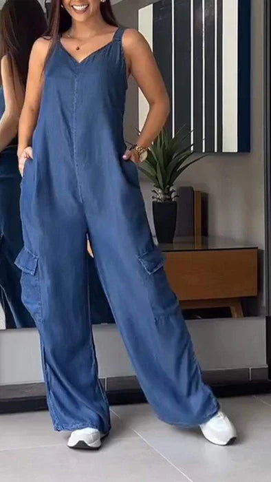 Thin Denim Cargo Pocket Jumpsuit med V-ringad