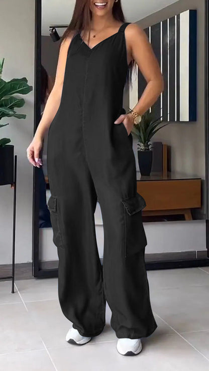 Thin Denim Cargo Pocket Jumpsuit med V-ringad