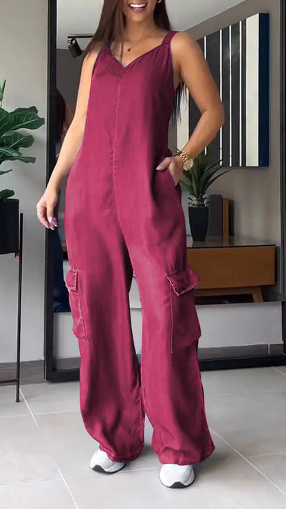 Thin Denim Cargo Pocket Jumpsuit med V-ringad