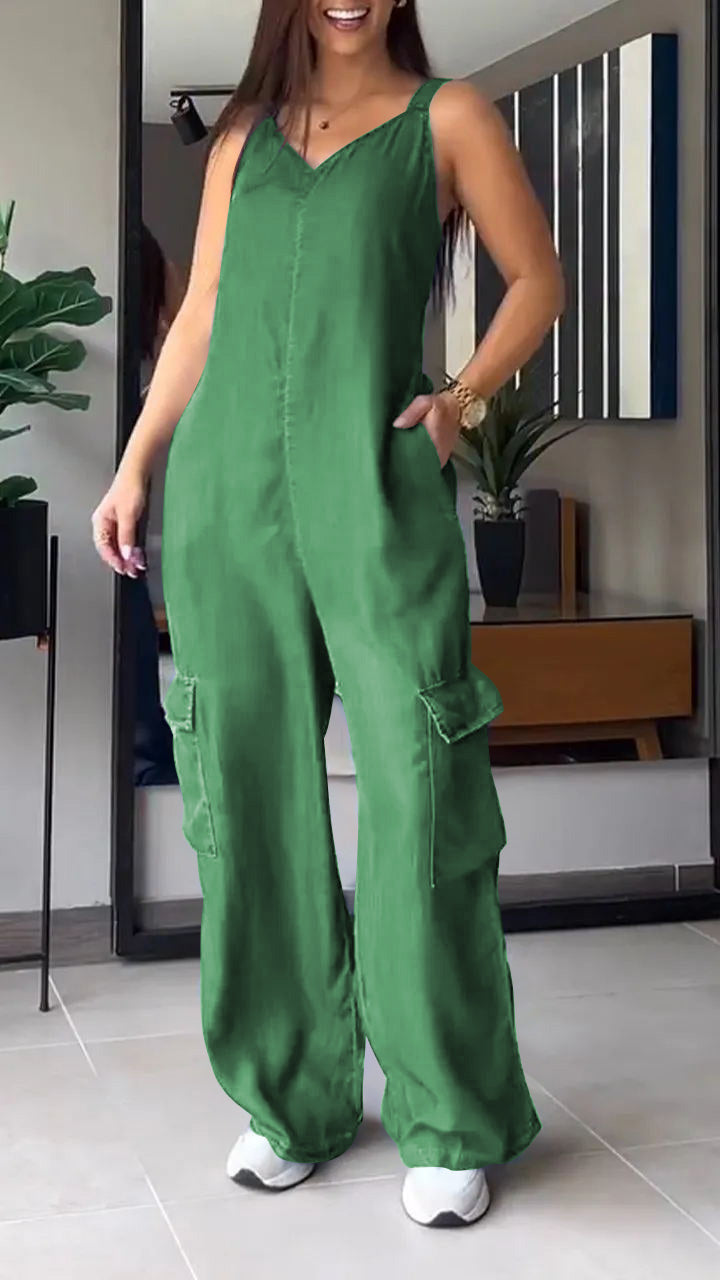 Thin Denim Cargo Pocket Jumpsuit med V-ringad