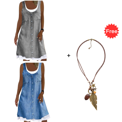 💗👗מבצע ליום האחרון 60% הנחה⚡שמלת שני חלקים עם הדפס ג'ינס דמוי-ג'ינס לנשים - לבשי אותה ותראי מיד מושלמת✨