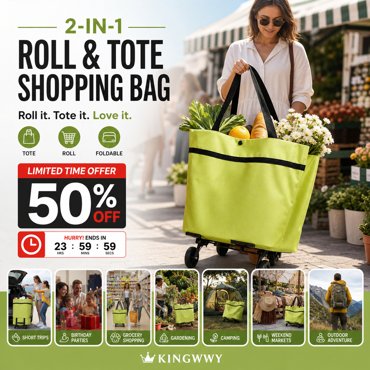 🛒✨ Carrinho de Compras Dobrável 2 em 1 – Leve, Espaçoso e Perfeito Para Facilitar Suas Compras