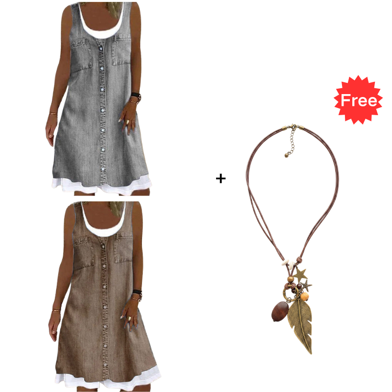 💗👗מבצע ליום האחרון 60% הנחה⚡שמלת שני חלקים עם הדפס ג'ינס דמוי-ג'ינס לנשים - לבשי אותה ותראי מיד מושלמת✨