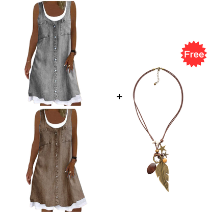💗👗מבצע ליום האחרון 60% הנחה⚡שמלת שני חלקים עם הדפס ג'ינס דמוי-ג'ינס לנשים - לבשי אותה ותראי מיד מושלמת✨