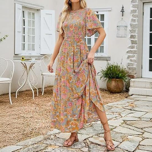 ⏰Hot Sale 49% Off👗Women's Casual Floral Print Short Flutter Sleeve Smocked High Waist Flowy Maxi Dress