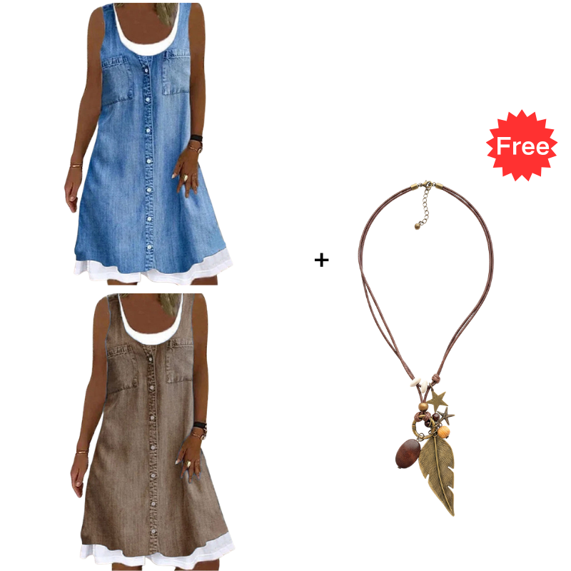 💗👗מבצע ליום האחרון 60% הנחה⚡שמלת שני חלקים עם הדפס ג'ינס דמוי-ג'ינס לנשים - לבשי אותה ותראי מיד מושלמת✨