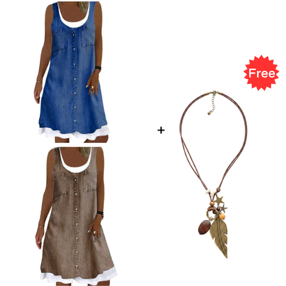 💗👗מבצע ליום האחרון 60% הנחה⚡שמלת שני חלקים עם הדפס ג'ינס דמוי-ג'ינס לנשים - לבשי אותה ותראי מיד מושלמת✨