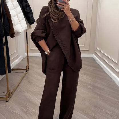🔥 59% OFF! NEW! Women's 2-piece set – Asymmetrical sweater + wide-leg pants, relaxed fit and soft fabric, ultra comfortable 👚✨