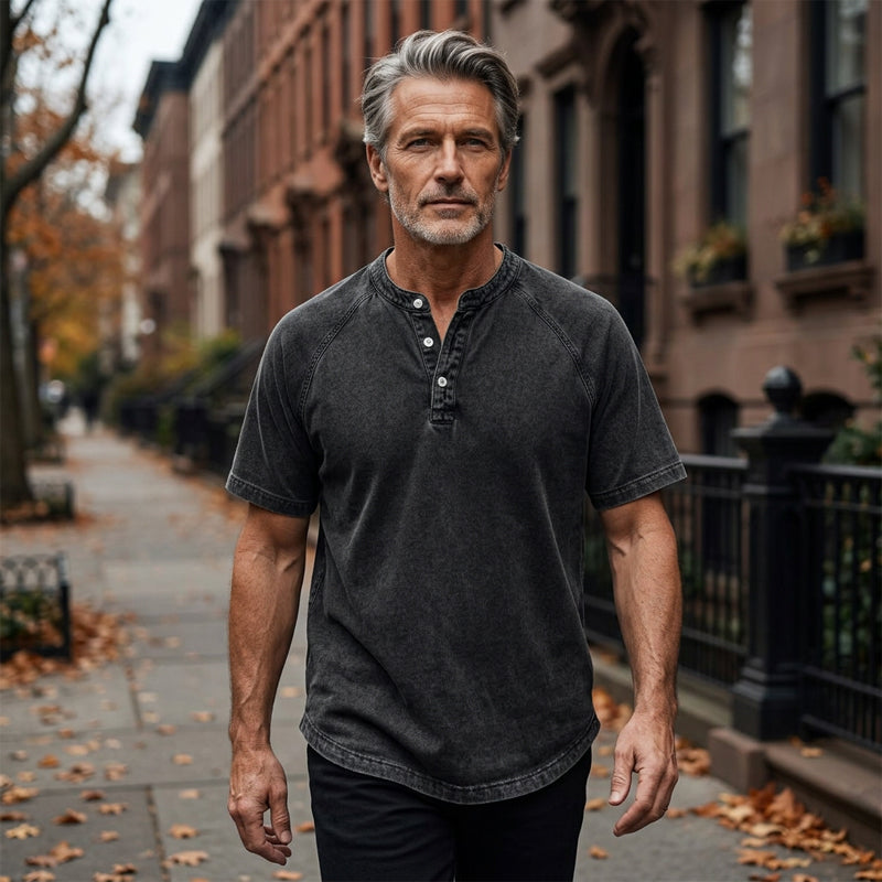 ✨Men's Casual Band Collar Short Sleeve Shirt - Comfortable, Breathable & Effortlessly Stylish