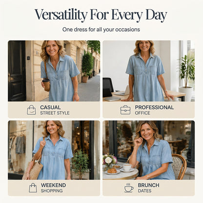 👗 60% הנחה עכשיו! 👖 שמלת חולצה מידי ג'ינס עם כיסים – ג'ינס רך וגזרה נינוחה – כיסים פונקציונליים, מושלמת לקז'ואל יומיומי – נוחה ורב-תכליתית ✨🌸