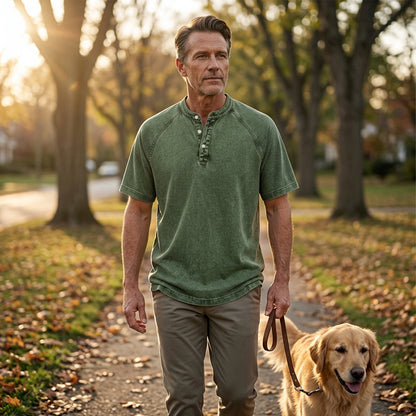 ✨Men's Casual Band Collar Short Sleeve Shirt - Comfortable, Breathable & Effortlessly Stylish