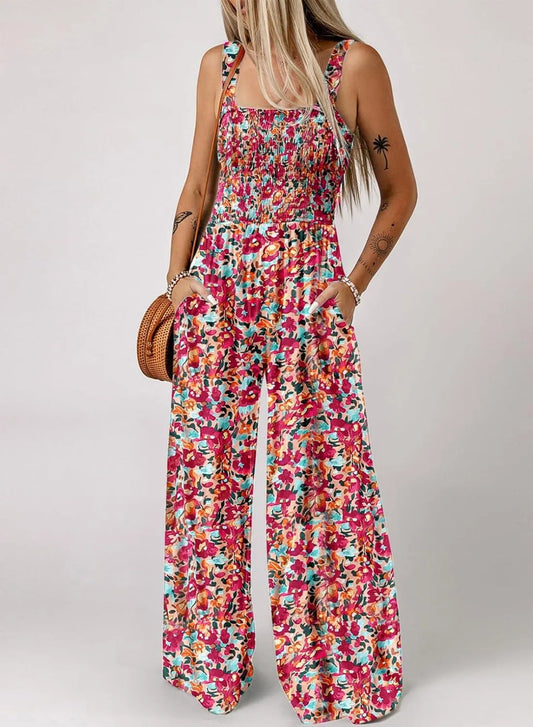 Limited-time offer-Women’s Floral Sleeveless Jumpsuit – Smocked Bust & Wide-Leg Summer Chic 👒🏖️