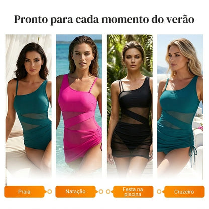 🩱✨ Maiô feminino modelador com franzido e tule – elegante e valoriza o corpo