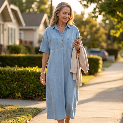 👗 60% הנחה עכשיו! 👖 שמלת חולצה מידי ג'ינס עם כיסים – ג'ינס רך וגזרה נינוחה – כיסים פונקציונליים, מושלמת לקז'ואל יומיומי – נוחה ורב-תכליתית ✨🌸