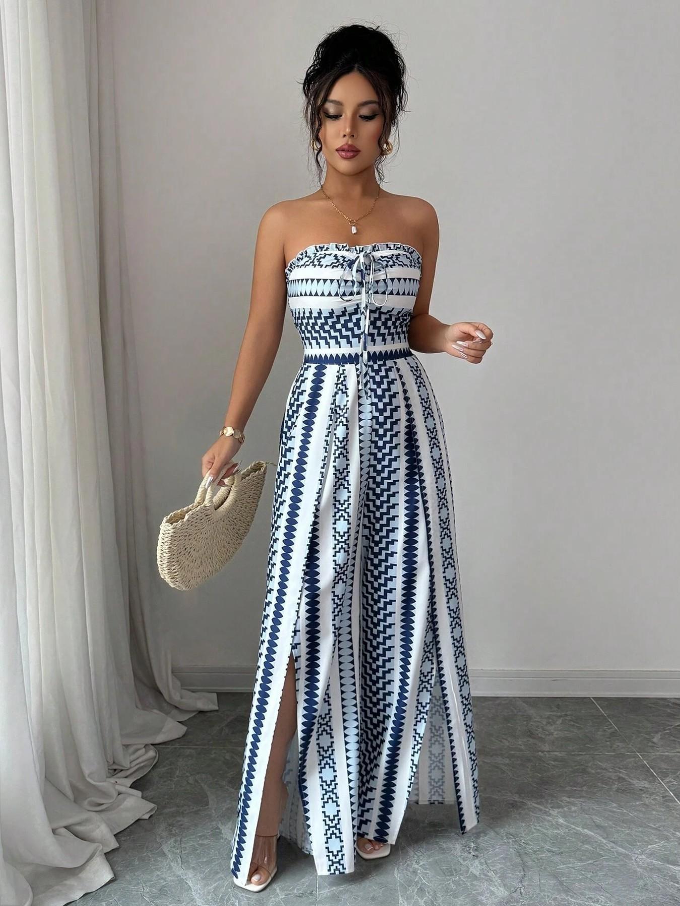 ✨👗 Macacão feminino geométrico com decote halter e fenda lateral – elegante e moderno