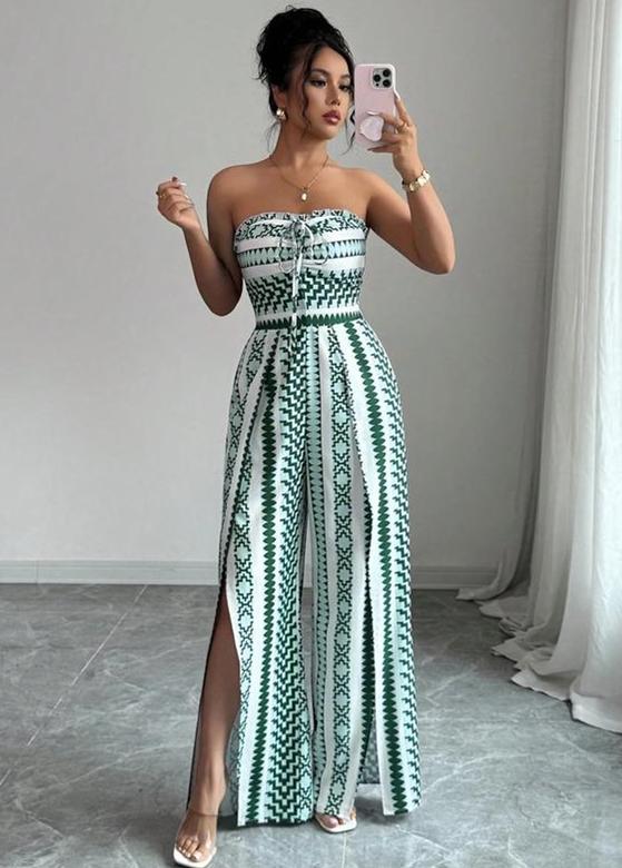 ✨👗 Macacão feminino geométrico com decote halter e fenda lateral – elegante e moderno