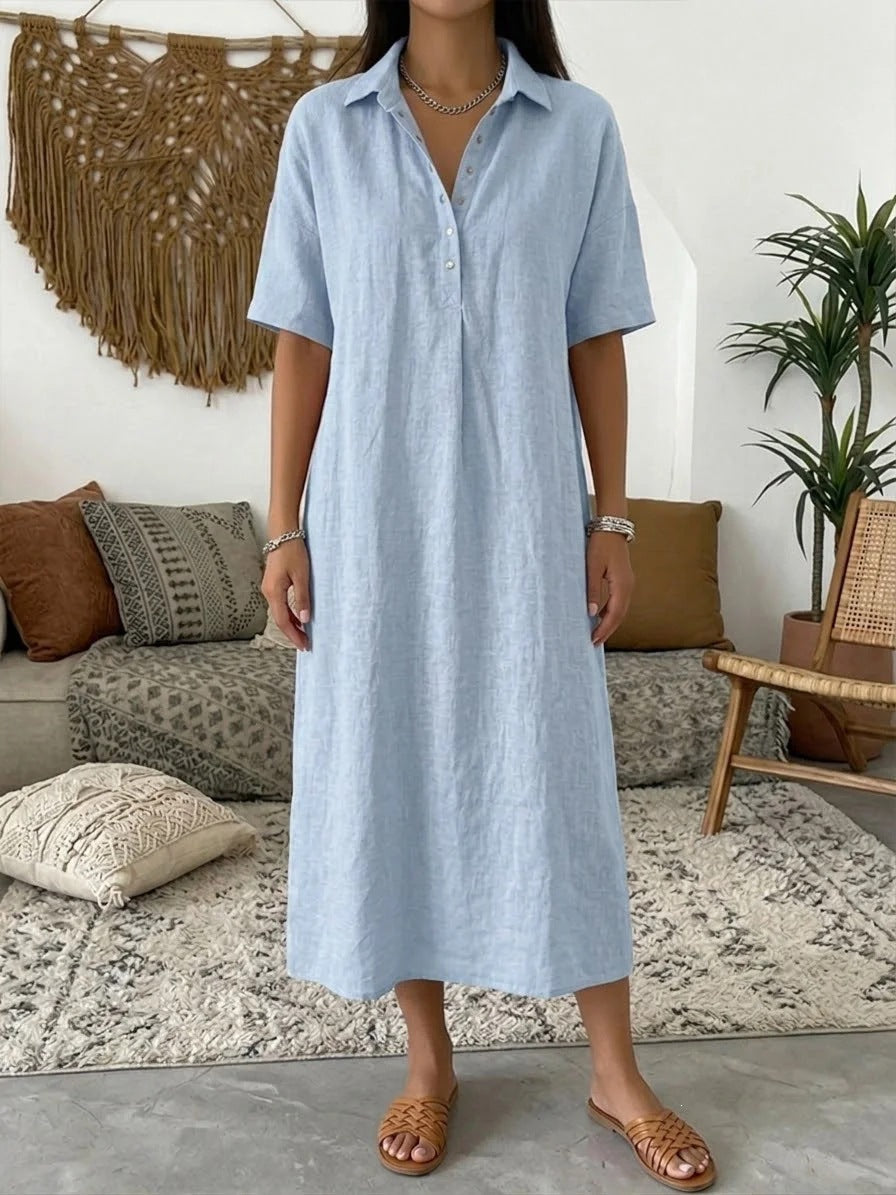 ☀️שמלת חולצה קז'ואלית לנשים מתערובת פשתן – סגנון קליל לימים שטופי שמש✨