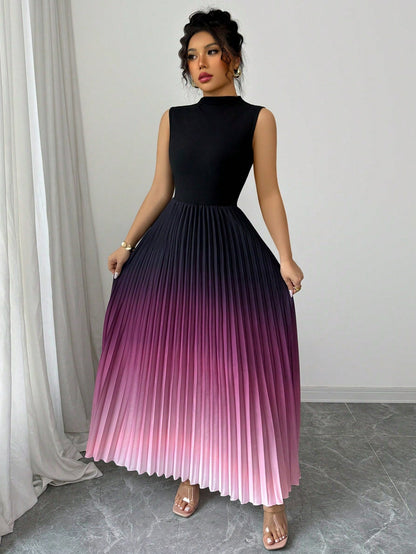 ⏳LAST DAY SALE 50% OFF💕 Ombre Pleated Sleeveless Mock Neck Maxi Dress