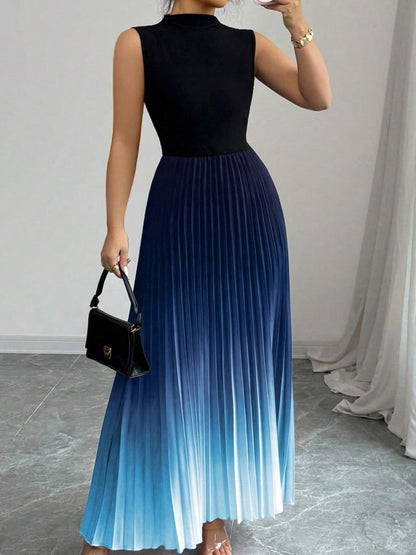 ⏳LAST DAY SALE 50% OFF💕 Ombre Pleated Sleeveless Mock Neck Maxi Dress