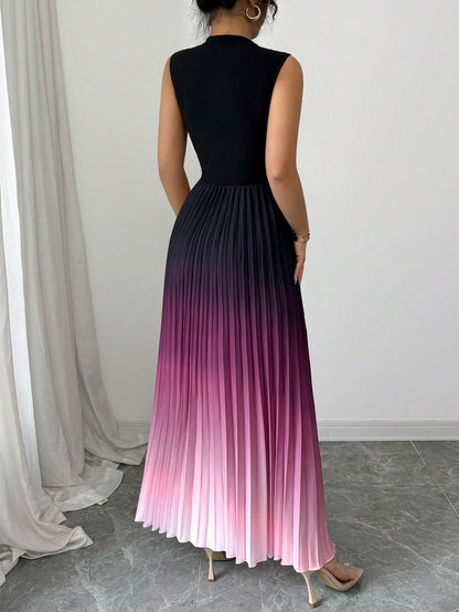 ⏳LAST DAY SALE 50% OFF💕 Ombre Pleated Sleeveless Mock Neck Maxi Dress
