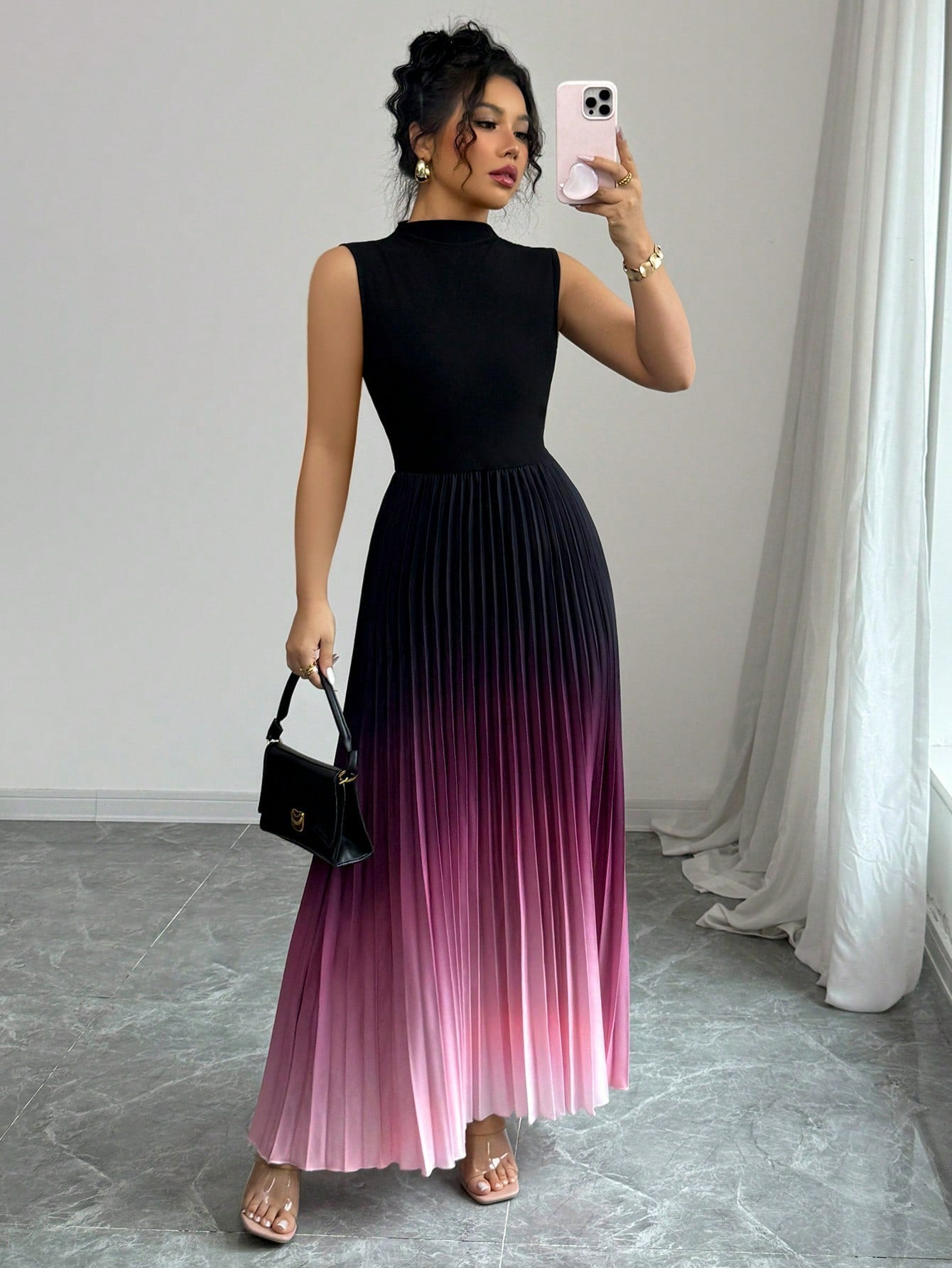 ⏳LAST DAY SALE 50% OFF💕 Ombre Pleated Sleeveless Mock Neck Maxi Dress