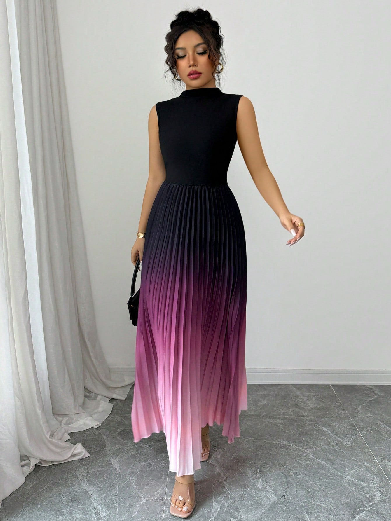 ⏳LAST DAY SALE 50% OFF💕 Ombre Pleated Sleeveless Mock Neck Maxi Dress