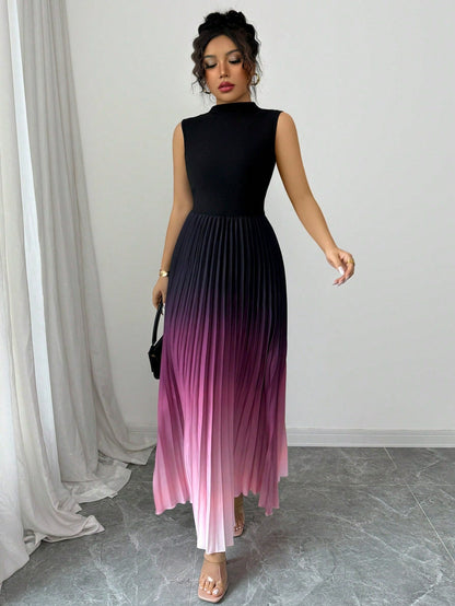 ⏳LAST DAY SALE 50% OFF💕 Ombre Pleated Sleeveless Mock Neck Maxi Dress