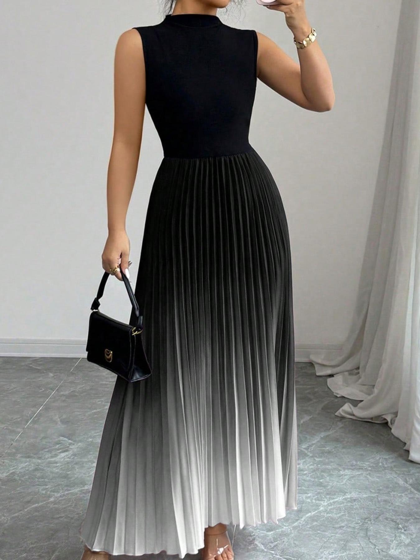 ⏳LAST DAY SALE 50% OFF💕 Ombre Pleated Sleeveless Mock Neck Maxi Dress