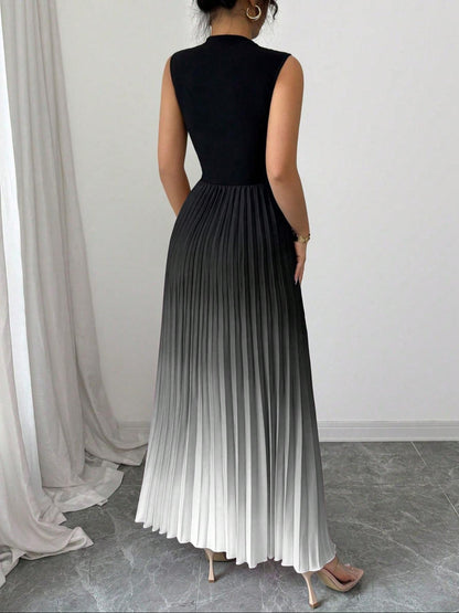 ⏳LAST DAY SALE 50% OFF💕 Ombre Pleated Sleeveless Mock Neck Maxi Dress