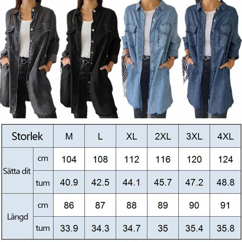 🔥Sista dagen för 40% rabatt - Faux Denim Bekväm lång kappa Skjorta