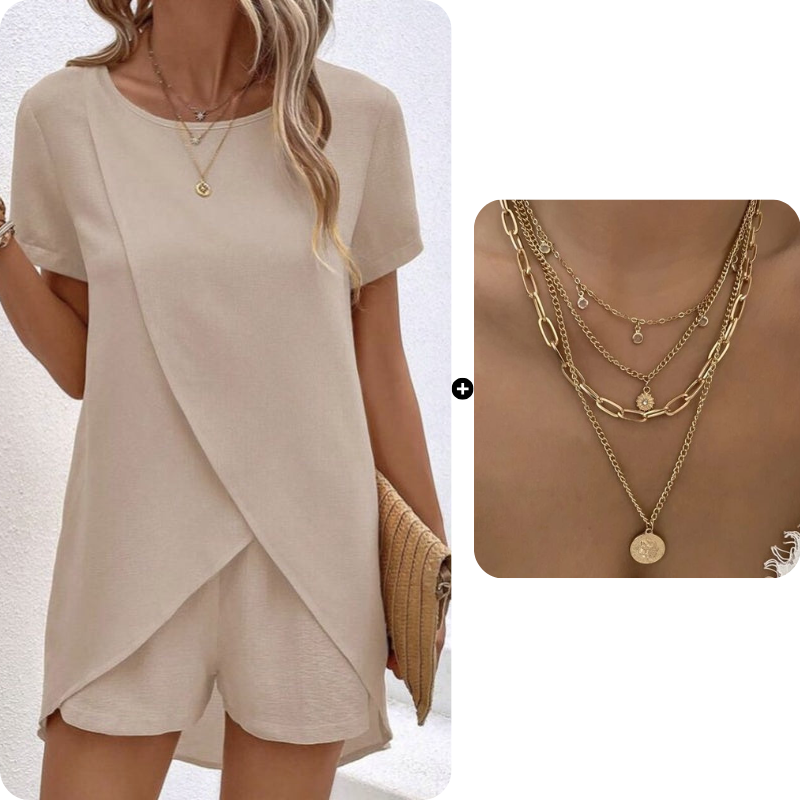 Women's Solid Color Irregular Top & Shorts Two Piece Set