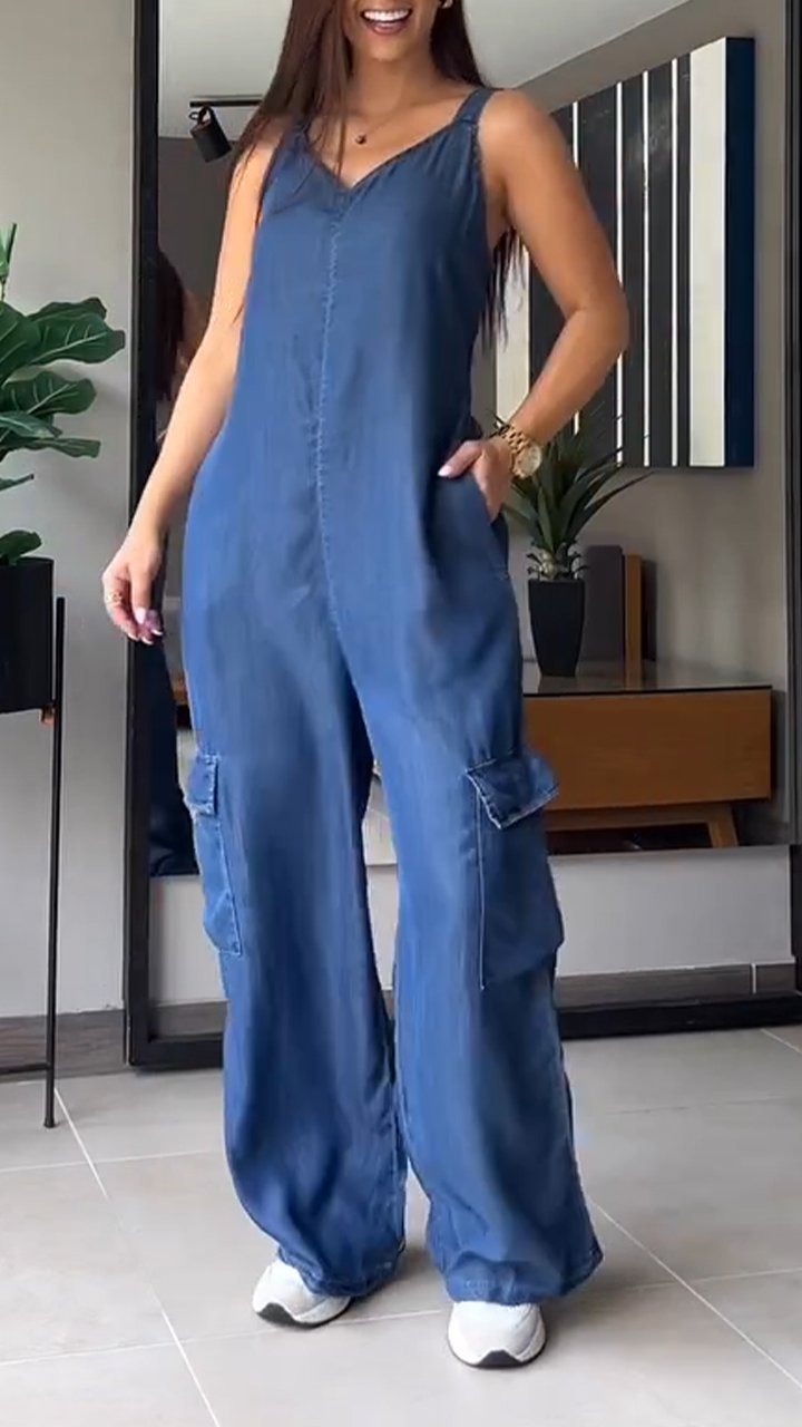 Thin Denim Cargo Pocket Jumpsuit med V-ringad