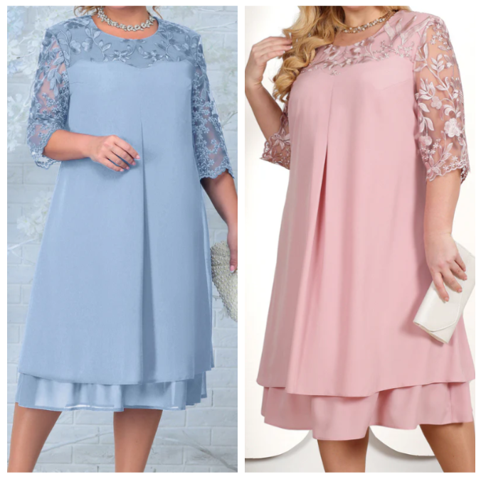 ⏳Women Embroidered Chiffon Splicing Round Neck Dress