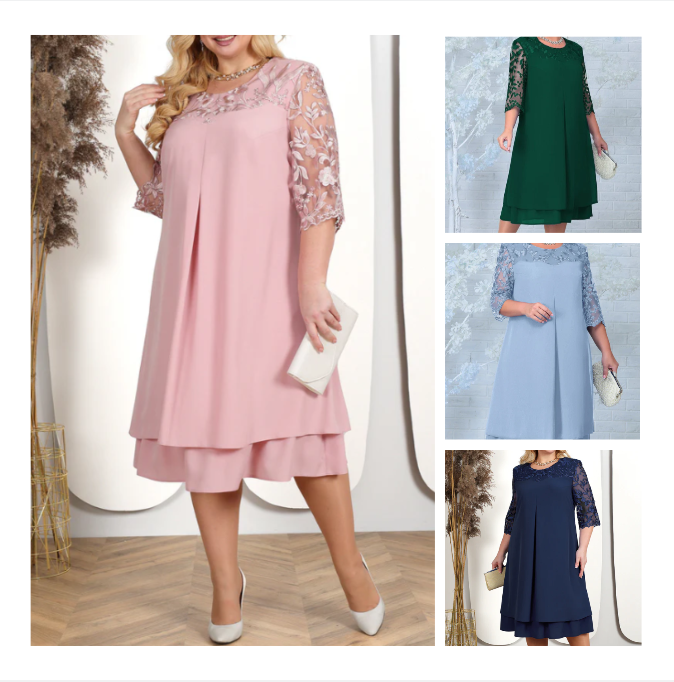 ⏳Women Embroidered Chiffon Splicing Round Neck Dress