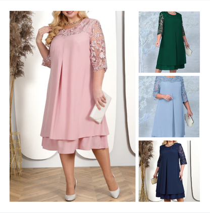 ⏳Women Embroidered Chiffon Splicing Round Neck Dress