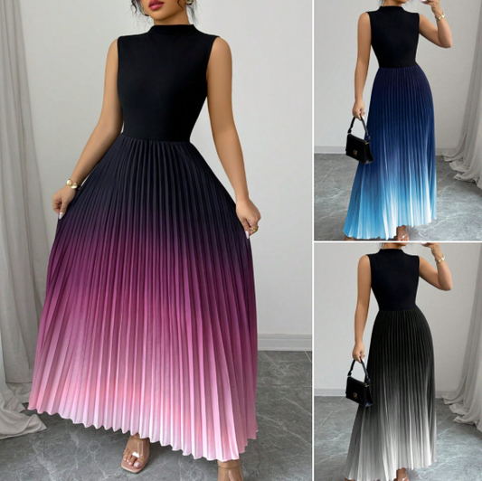 ⏳LAST DAY SALE 50% OFF💕 Ombre Pleated Sleeveless Mock Neck Maxi Dress