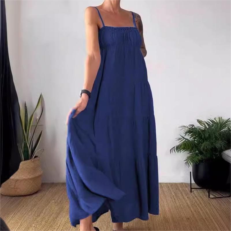 Solid Color Pleated Breathable Spaghetti Strap Dress