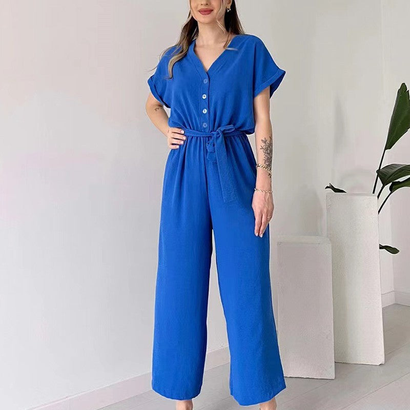 V-ringad kortärmad casual jumpsuit för kvinnor