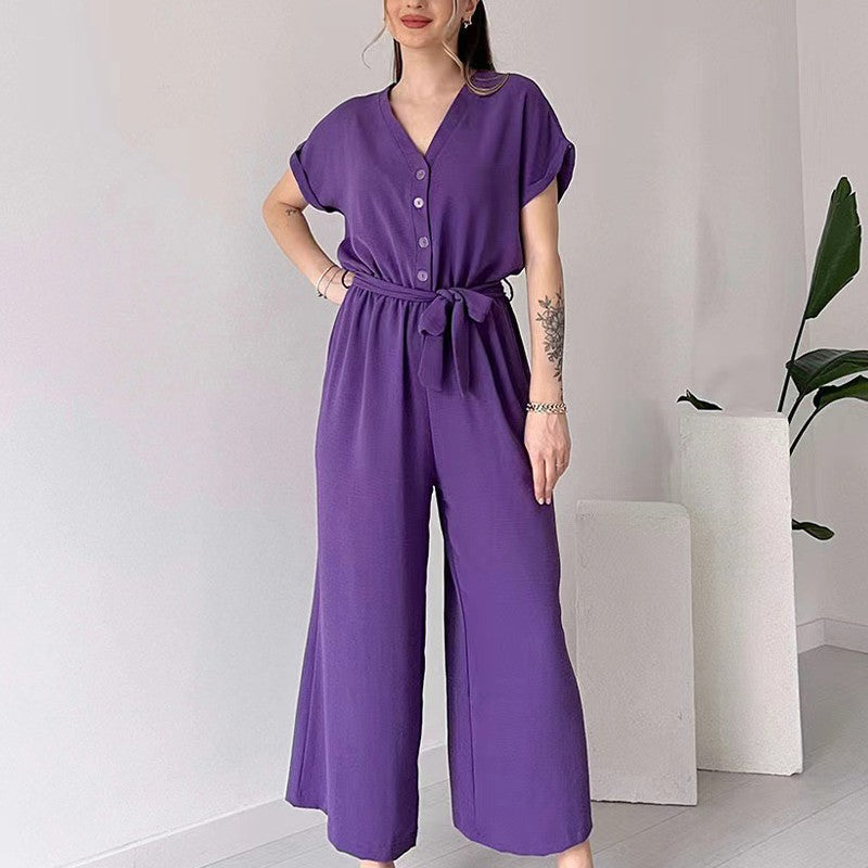 V-ringad kortärmad casual jumpsuit för kvinnor